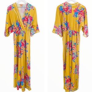 Flying Tomato Mustard Yellow Floral V Neck Smocked Waist‎ Flowy Jumpsuit Size XS